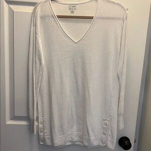 J. Crew White V-Neck Button-Hem Lightweight Sweater